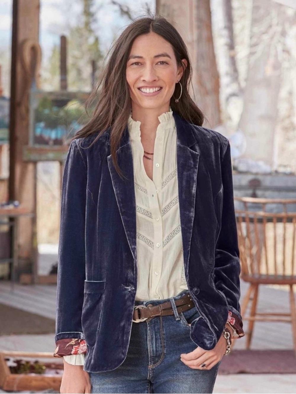 Sundance Beau Grey Velvet Boho Silk Blend Floral Inside Blazer in Size 10